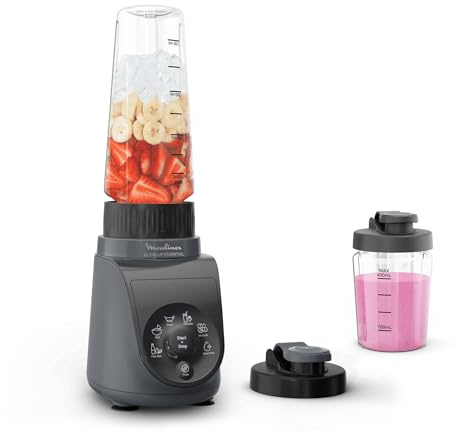 Moulinex Blend Up Essential, Batidora de vaso de 800 W | 6 Programas automáticos, 2 Botellas con tapa para llevar, Cuchillas Powelix, Gris, LM1EHB