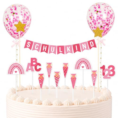 Gleevio 23 Stk Rosa Einschulung Tortendeko Girlande Set,Papier Kuchen Deko | Deko Einschulung Mädchen, Schulkind 2026 Mädchen Cake Topper Banner mit ABC Schultüte Cupcake Deko für 1. Schultag Partydeko