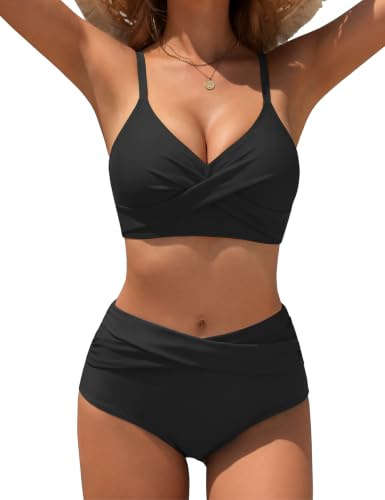 FemiChic Bikini damset med magkontroll, hög midja, badmode, crossover V-ringning, bikinitopp, push-up, strand, elegant, tvådelad baddräkt