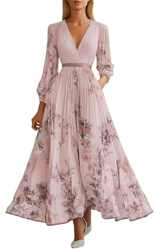 Long Sleeve Dress Women UK Bohemian Chiffon Beach Elegant Maxidress V Neck Puff Sleeve Empire Waist Dress Plus Size Floral Elegant Wedding Guest Maxidress 2026