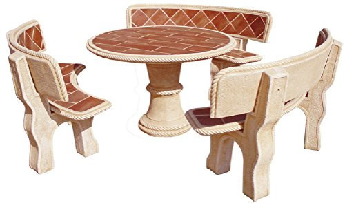 AnaParra Conjunto DE Mesa EN Piedra Redonda con Respaldo Azulejos 120cm. Mod.Abeto
