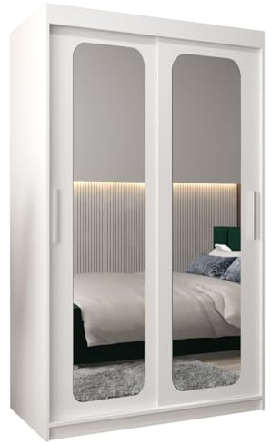 ABIKSMEBLE Promo 3 120 Armario de Dos Puertas correderas para Dormitorio, Armario de Almacenamiento Moderno con Espejo, Barra y estantes – 120 x 200 x 62 cm (Largo x Alto x Profundidad) – Blanco Mate