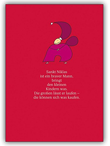 4 Stück: Moderne Designer Nikolaus Karte: Sankt Niklas ist ein braver Mann, bordeaux auf • Klappkarten Set mit Umschlägen zum Weihnachts-Fest, Neujahr für Familie, Freunde, Kollegen