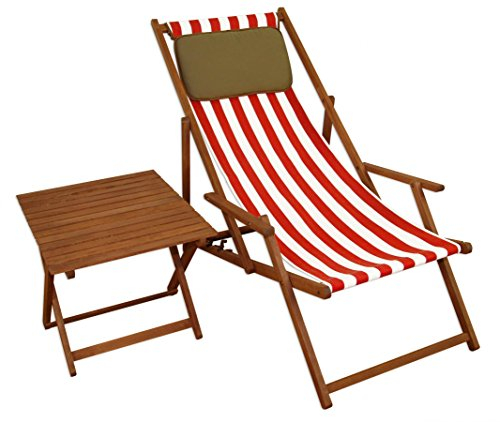 Erst-Holz Gartenliege rot-weiß Liegestuhl Tisch Kissen Sonnenliege Deckchair Buche dunkel 10-314 T KD