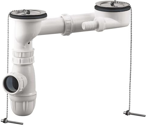 SOMATHERM FOR YOU, Siphon complet pour évier en grès, 2 cuves Ø60, évacuation 40/49, écartement réglable 160-260mm, 2 prises de vidange, débit 56 l/mn, plastique blanc