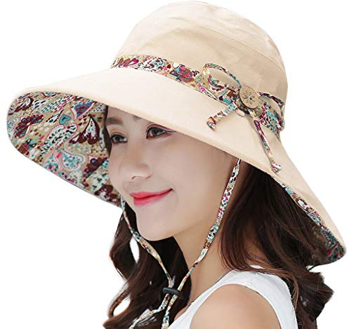 LassZone UV Protection Cotton Sun Hats Summer UPF 50+ Sun Shade Flap Cover Cap with Neck Cover Cord for Womens Girls Beige