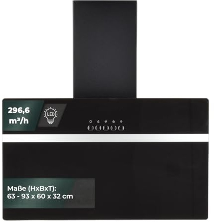 YUNA Dunstabzugshaube DUSANKA 60 cm Schwarz Glasfront 3 Leistungsstufen 47W Motorleistung Energieeffizienz A Abluft Umluft Kopffrei LED Beleuchtung Ohne Kohlefilter Wandhaube