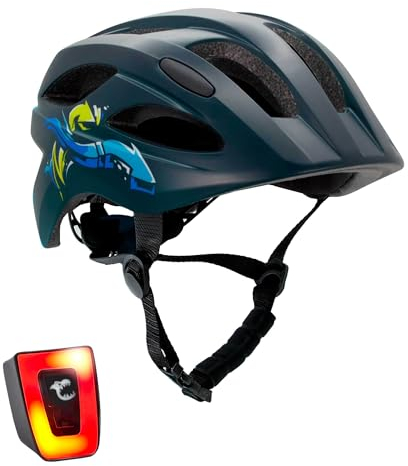 Crazy Safety Cool Kinder Fahrradhelm | Fahrradhelm Kinder 6-12 Jahre für Fahrrad, Skateboard, Mountainbike, Inlineskates | USB-aufladbares Rücklicht | Verstellbarer Fahrradhelm 54-58 cm (Schwarz/Blau)