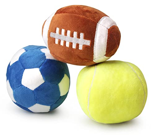 3 Stück Hundespielzeug für mittlere Hunde,Welpen spielzeug für kleine hunde,Rugby ball, Fußball und Tennisbälle für Hunde, gefüllt mit flauschigem Quietsch-Hundespielzeug, Welpenspielzeug für draußen