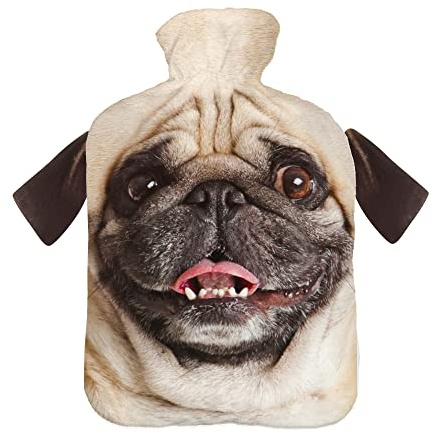 Wärmflasche mit Pullover Bezug 2 Liter Bettflasche mit schönen Fleece-Druck Bezug Gummi Wärmflasche mit Deckel Weiß Hund mit Ohren [092]