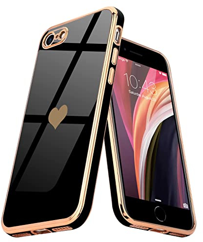 Teageo for iPhone SE 2022/7 / 8 / SE 2020 Case Cute Heart Pattern for Women Girls Slim Luxury Bling Plating Soft TPU Shockproof Bumper for iPhone 7/8/SE 2/SE 3, Black