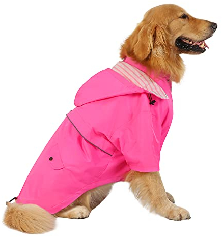 HDE Hunde-Regenmantel, doppellagig, mit Reißverschluss, Regenjacke mit Kapuze für kleine bis große Hunde, Rosa, Größe 3XL