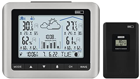 EMOS Funk Wetterstation mit weißer Hintergrundbeleuchtung, Außensensor, Temperatur °C/°F, Luftfeuchtigkeit, Wettervorhersage, Max/Min-Messwerte, Funkuhr 12/24h, Kalender, batteriebetrieben