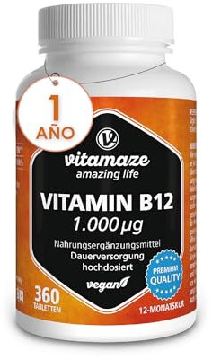 Vitamina B12 (1 Anno) Metilcobalamina 1000 mcg 360 Compresse Vegan, Alto Dosaggio de Vitamina B Pura, Integratore de B12 Vitamina senza Additivi non Necessari, Qualità Tedesca.Vitamaze®