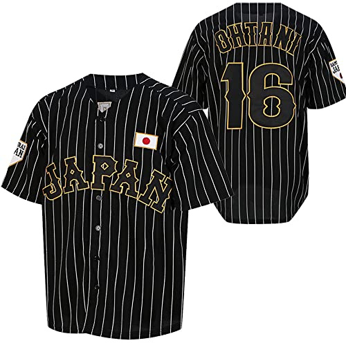 Herren Ohtani 16# genähtes Japan-Baseballtrikot, Weiß / Schwarz mit Nadelstreifen, Schwarz, XX-Large