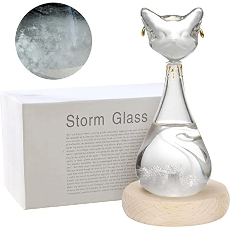 Sturmglas Wettervorhersage in Katzenform mit Holzsockel,Wetterglas,Weiße | Wetterglas zeigt Wetterveränderungen durch Kristallbildung an, originelles Geschenk für Katzenliebhaber und Damengeburtstage