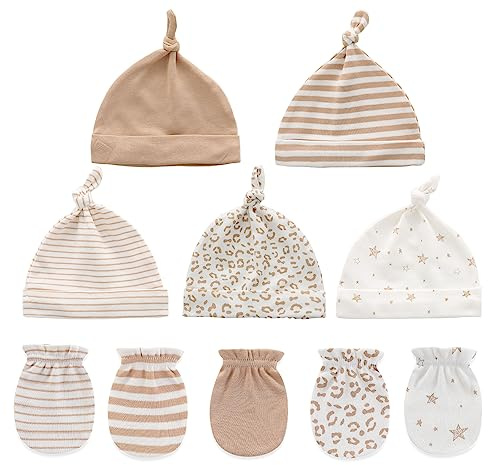 Ecojoy Newborn Baby 5 Mützen und 5 Paar Kratzfeste Fäustlinge für Babys Jungen und Mädchen, Alter 0-6 Monate 100% Baumwolle