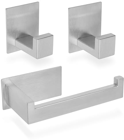 ECENCE 1x Toilettenpapierhalter + 2X Handtuchhaken ohne Bohren, Badezimmerset selbstklebend gebürstet Badezimmeraccessoires - aus rostfreiem Edelstahl 304, Handtuchhalter + Klorollenhalter