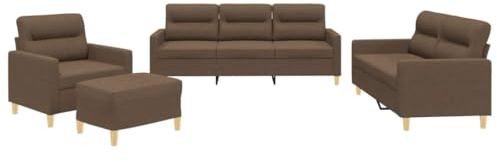 vidaXL Sofagarnitur 4-TLG., Sessel Couch mit Kissen Fußhocker, Sofa Wohnzimmersofa mit Armlehnen, Couchgarnitur Designsofa Sitzmöbel Polstermöbel, Braun Stoff