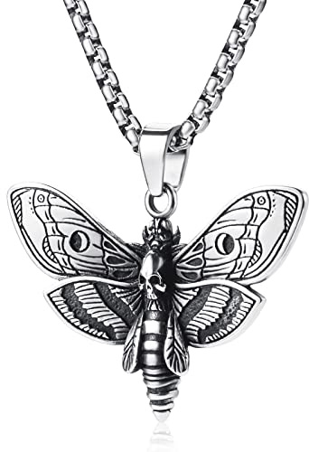 WESTMIAJW Collar con colgante de calavera de acero inoxidable, gótico, Halloween, punk, cabeza de la muerte, polilla, calavera, joyería para hombres y mujeres, 60 cm