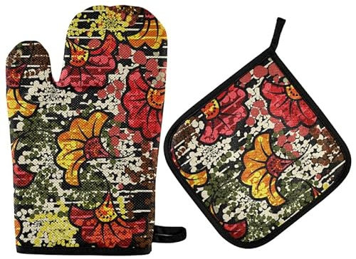 Ofenhandschuhe Ethnische Motive, Traditionelle Blumenverzierung Kochhandschuhe Thermoisolierung Grillhandschuhe Hitzeresistente Topfhandschuhe Für Backen Mikrowelle Kochen