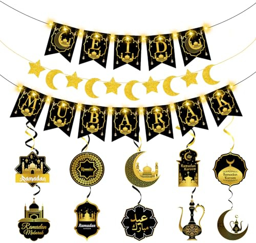 Ramadan Dekoration Set, aifulo Eid Mubarak Dekoration mit 3M 30 LED Lichterkette, Umrah Mubarak Banner Islam Deko mit Stern Mond Laterne Girlande für Muslim Ramazan Eid Party Dekoration