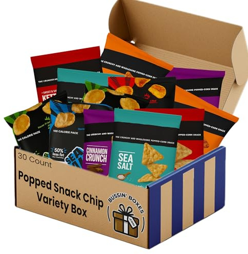 Popped Snack Variety Pack – 30 Count Snack Box with Air-Popped and Crunchy Chip Alternatives – Individually Wrapped Bags Assembled by Bussin Boxes