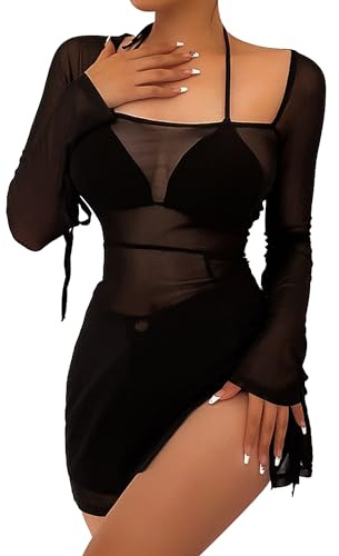 Hanaoops Women's Sexy Mesh Sheer Swimsuit Cover Ups Long Sleeve See Through Bodycon Mini Dress Split Hem Short Pencil Party Dress Clubwear Summer Black Transparent Bikini Cover Up Dresses