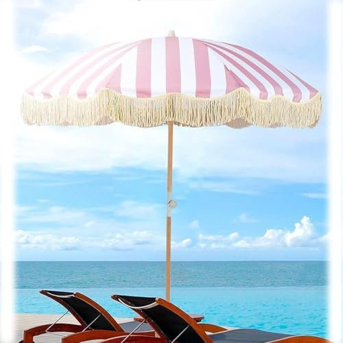 Generic 200 cm Strandschirm mit Fransen, UV-Schutz, Wasserdicht, Gartenschirm mit Rosa und Weißen Streifen, SCISCASDU-PINK+WHITE-200CM(6.5FT)