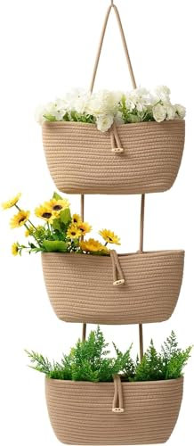 TeoKJ Aufbewahrungskörbe, 3-stöckige Baumwollseilkörbe mit Knopfriemen über der Tür, Wandorganizer Hängend mit 2 Arten von Haken, Hängeaufbewahrung für Bad, Tür Organizer Bad für Aufbewahrung, Jute