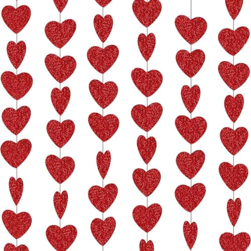 Guirlande Cœurs Décoration Saint-Valentin, Guirlande Pendante Rouge en Paillettes, Déco Romantique pour Proposition de Mariage - 6 pièces -