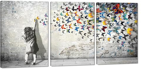 Novatique Graffiti-Leinwand-Kunst, Banksy-Wandkunst, Straßenstil, Kunstwerk, buntes Mädchen, Schmetterling, Graffiti-Dekor, Pop-Bilder, Gemälde für Wohnzimmer, Büro, Wanddekoration, 50,8 x 71,1 x 3
