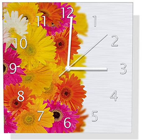 Wallario Design Wanduhr Bunte Gerberas - Pinke, gelbe, rote und weiße Blüten aus Aluverbund, Alu-Uhr Größe 30 x 30 cm, weiße Zeiger mit Metalloptik