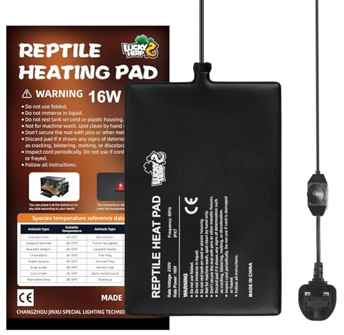 LUCKY HERP Reptile Heating Mat, 16W Terrarium Reptile Heat Pad with Temperature Adjustment, Vivarium Heat Mat for Turtle, Lizard, Hermit Crab, Frog, Snake(8x12in)