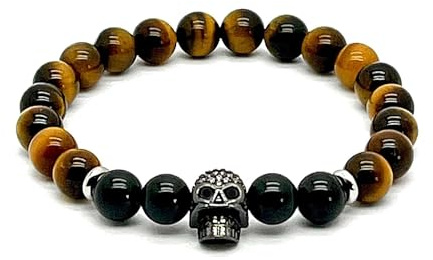 arana's® - Pulsera turmalina negra con calavera y ojo de tigre - Hilo elástico con bolas de 8mm - Piedras preciosas energéticas para mujer y hombre - Protección ondas electromagnéticas (Ojo tigre)