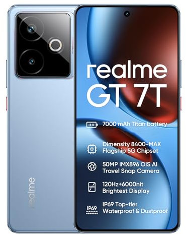realme GT 7T 5G Smartphone,Batería 7000mAh,Dimensity 8400-MAX,Cámara 50 MP+32 MP,120Hz 6.78 Pantalla,12GB+512GB Telefono Movil,Dual SIM Android 15,NFC IP69, Sin Cargador,Azul