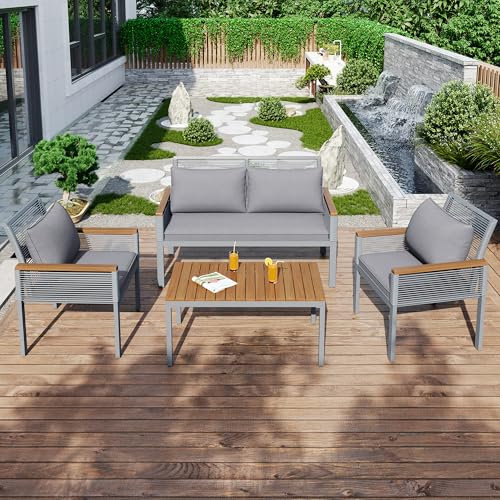 Gartenmöbel Set - Rattan Outdoor Möbel für 4, inklusive Doppelsofa, 2 Sessel & Tisch, Wasserdichtes Loungesofa Gesprächsset mit Kissen, Grau
