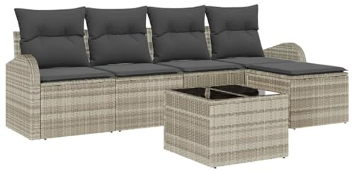 vidaXL 6-teiliges Gartensofa-Set mit Kissen in Grau aus Poly-Rattan – Bequemes, stylisches und modernes Lounge-Sofa für 5 Leute, perfekt für Terrasse oder Patio.