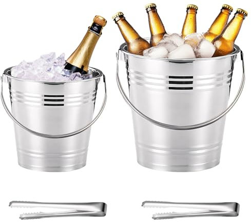 6L Eiswürfelbehälter Edelstahl mit Griff und Eiszange, Tragbar Eisbehälter Groß, Eiskübel Sektkühler mit Doppelwand-Design, Verdickung Eiseimer für Bier Champagner Kühler Eiskübel Wein (3L+6L)