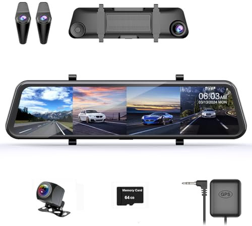 4 Channels 12 Inch Screen Rear View Mirror Dash Cam,With WiFi GPS Car DVR,360 Degree Protection HD 1080P, Super night vision,24 hour parking monitoring, loop recording, G sensor 64 GB Card Included