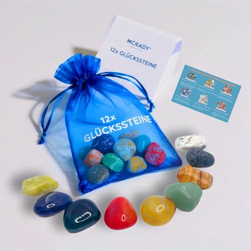 MCRADY 12x Edelsteine für Kinder | Glückssteine Set im Organzasäckchen (2-3 cm) | Mitgebsel mit Beschreibungskarte für Kindergeburtstag, Einschulung, Taufe, Kindergarten