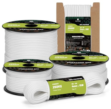 Kamu Synber Paracord 550 Typ III 4mm 15m 7 Trådar 100% Polyester Rep Idealisk för Armband, Camping, Utomhus, överlevnads | Stöd 250kg | Vit