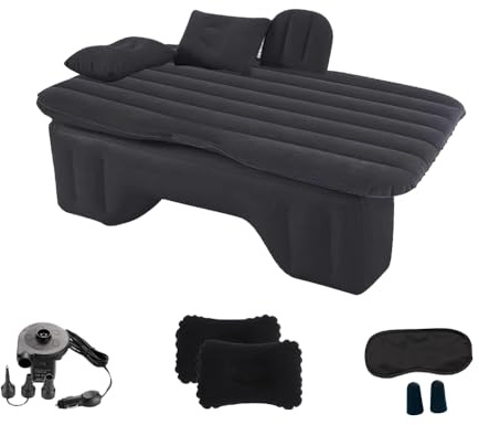 Geterral Auto-Matratze,Auto-Luftmatratze mit Augenmaske, Ohrstöpseln, 2 schwarzen Kissen und Luftpumpe, aufblasbares Luftbett für die Rückbank, Autobett für Camping und Reisen(135cmx71cmx6cm)