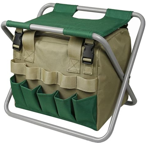 Sgabelli, Sgabello da Giardino, Sedile da Giardino Pieghevole con Borsa portaoggetti Rimovibile, Panca da Giardinaggio Multitasche, Sedile Porta Attrezzi da Giardiniere con Cerniera Portatile per Adu