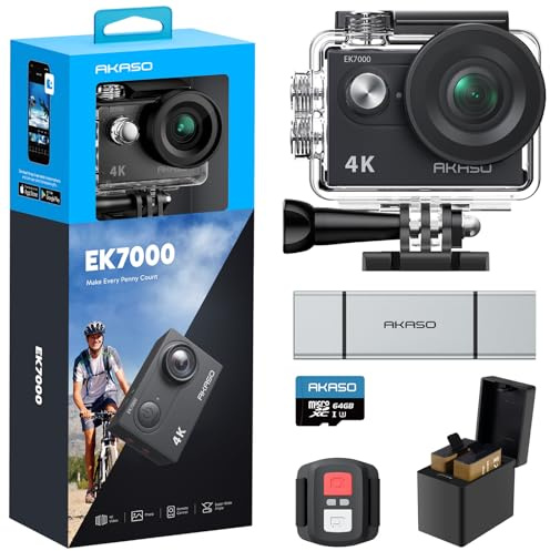 AKASO EK7000 4K30FPS Action Camera with 64GB microSDXC Memory Card and SD Card Reader - 20MP Ultra HD Underwater Camera 170 Degree Wide Angle Waterproof Camera with Accessory Kit