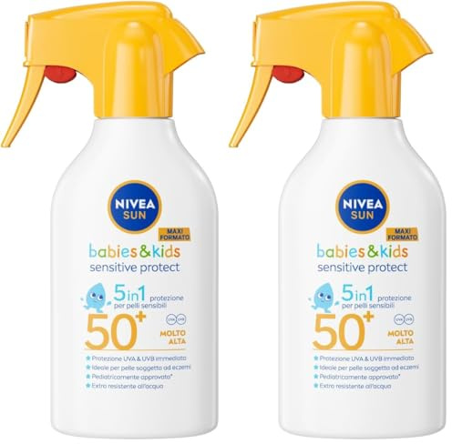 NIVEA SUN Kids Sensitive Protect & Play SPF 50+ 250 ml, Crema solare spray 50+ bambini e neonati dai 6 mesi in su, Crema solare bambini resistente all'acqua, Protezione per pelle sensibili e delicate