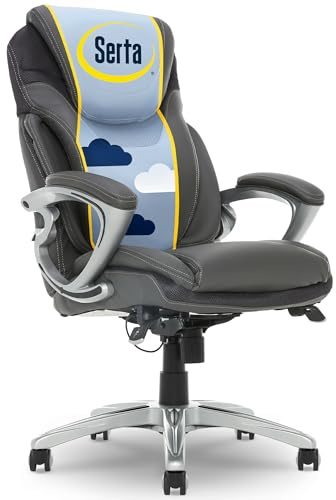 Serta Bryce Executive Office Chair - Ergonomic Computer Desk Chair with Patented AIR Lumbar Technology - Adjustable Height - Memory Foam Body Pillows - 360° Swivel Rolling Base - Bonded Leather - Gray