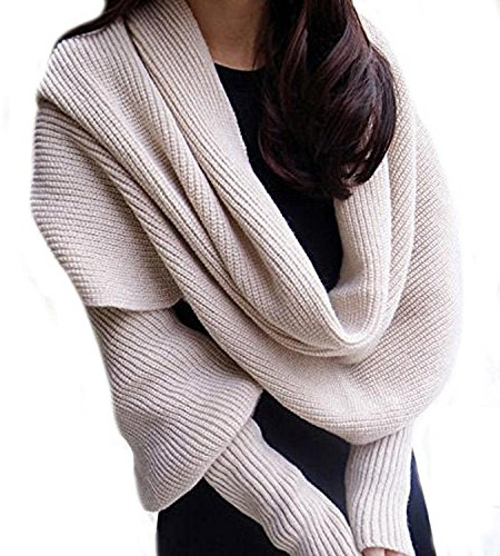 Butterme Mode Winter warme Normallack gestrickter Verpackungs Schal Häkeln Thick Schal Umhang mit Sleeve für Frauen und Männer (Beige)
