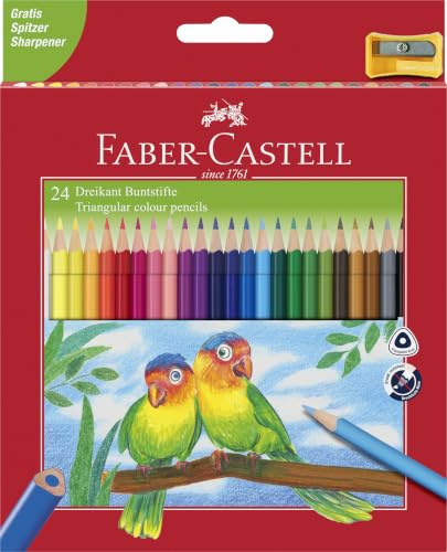 Faber-Castell - Buntstifte Set Dreikant 24-teilig mit Spitzer | Ergonomische Malstifte mit leuchtenden Farben und Anspitzer für Kinder und Erwachsene