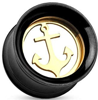 Tapsi´s Coolbodyart® Double Flared Tunnel Schraubverschluss Edelstahl Chirurgenstahl 316L Anker Gold Schwarz 14mm
